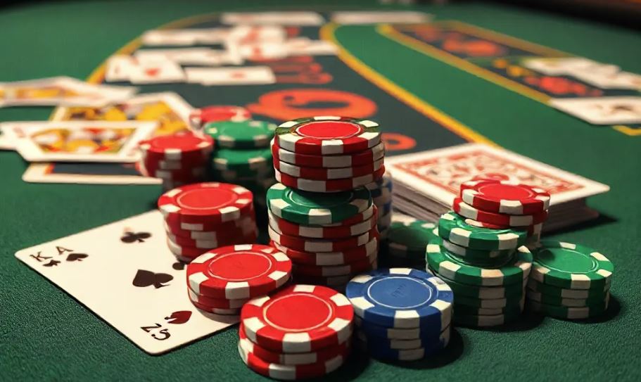 Cartas y fichas en la mesa del casino